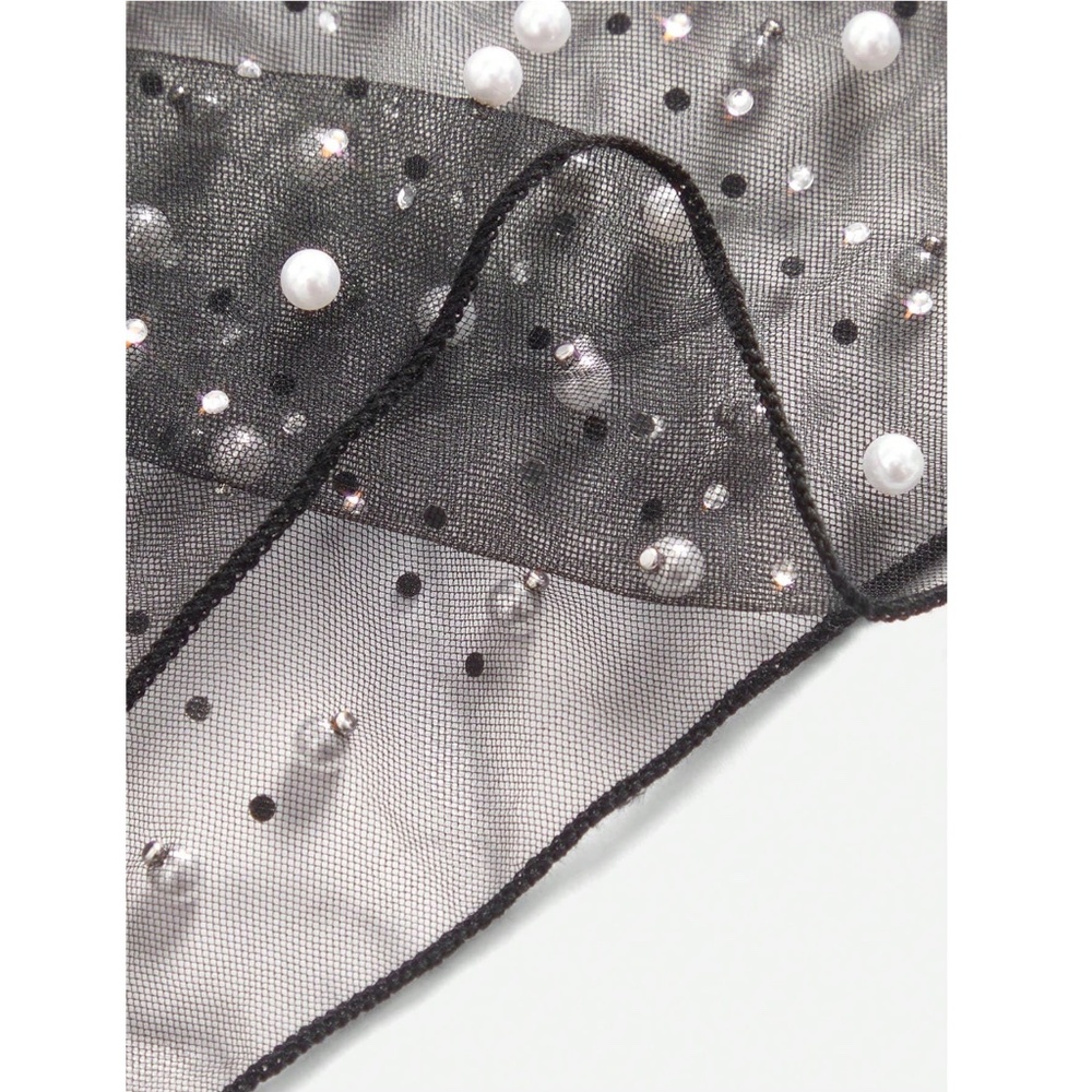 Black Sheer Mesh Long Sleeve Feather Shirt with Faux Pearls Sparkles Beaded - Picture 10 of 14